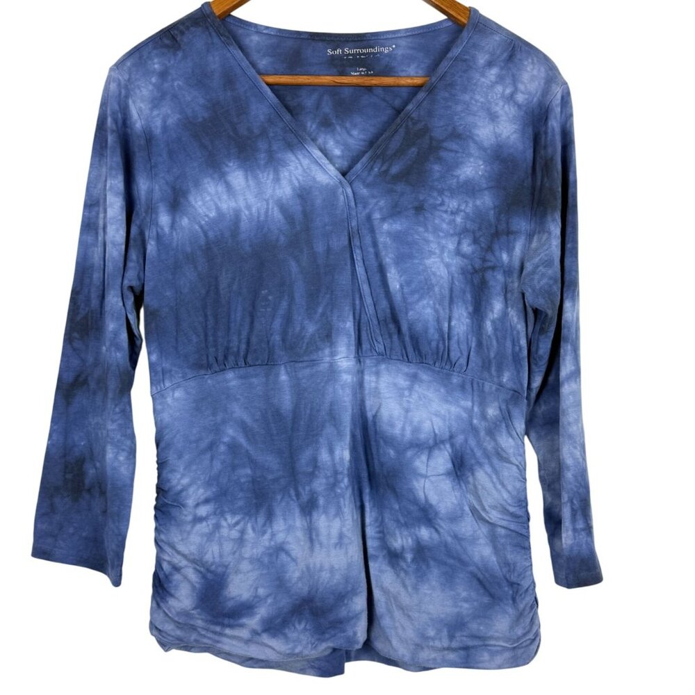 Soft Surroundings Womens Tie-Dye Top Large V-Neck Long Sleeve Blue USA